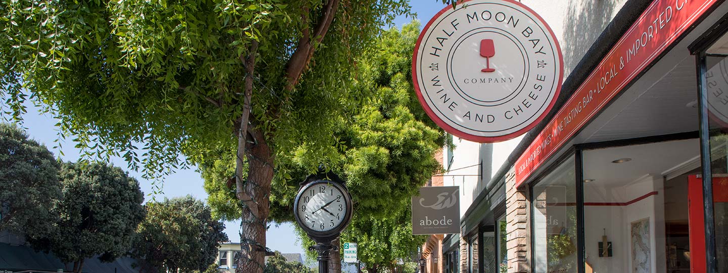 Downtown Half Moon Bay Wine And Cheese Shop And Town Clock